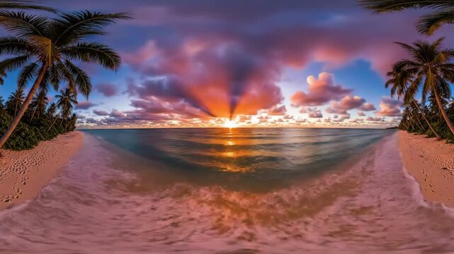 Time lapse panoramic pan of tropical beach shoreline with palm trees and waves moving across horizon from sunrise to sunset