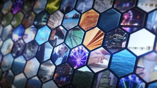 Digital collage displaying diverse images in hexagonal grid
