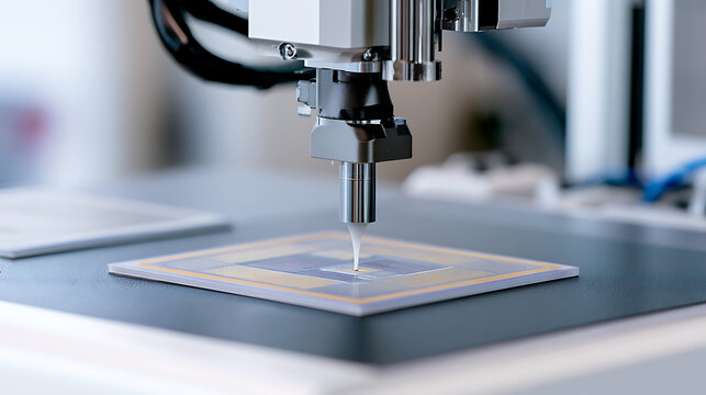 Advanced automated robotic arm precision dispenser machine applying glue on microchip circuit board in high tech modern industrial factory lab
