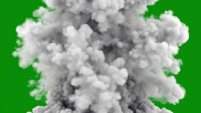 Slow motion static shot of white smoke column expanding upward against green screen background in studio