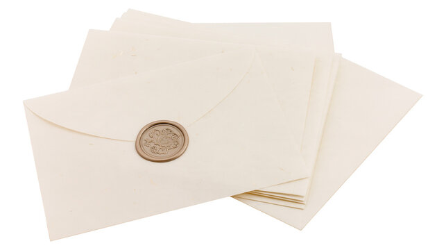 Isolated elegant stack of cream envelopes with ornate wax seal for wedding stationery.