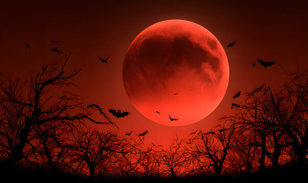 Eerie night landscape with a blood red moon and dead trees for halloween