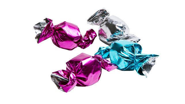 Isolated colorful metallic foil wrapped candies, sweet treats for parties, celebrations, and gifts