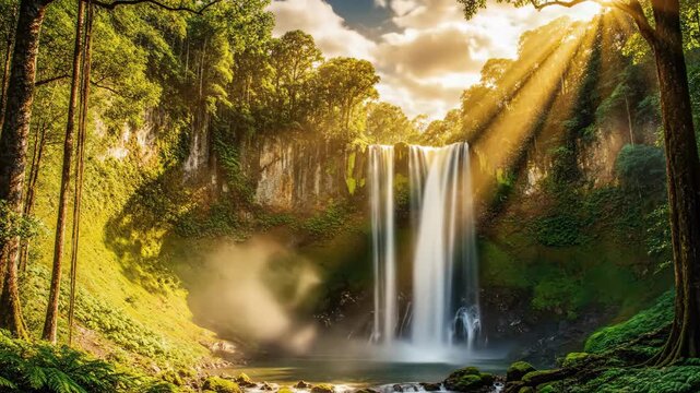 Panning slow motion tracking of waterfall cascading into emerald pool amid lush forest with sun rays filtering through tall trees at golden morning