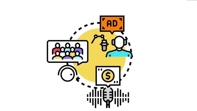 Person recording audio for a podcast, generating broadcast waves, engaging a diverse audience, and monetizing content with advertisements and sponsorships
