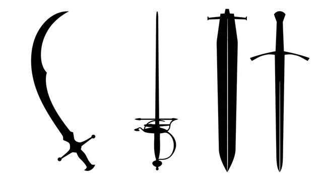 Isolated collection of historical sword silhouettes, including scimitar, rapier, and longsword designs