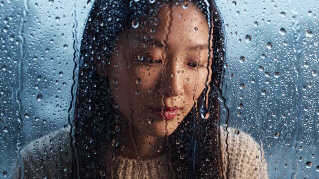 melancholy winter portrait woman rain glass texture wet drop window