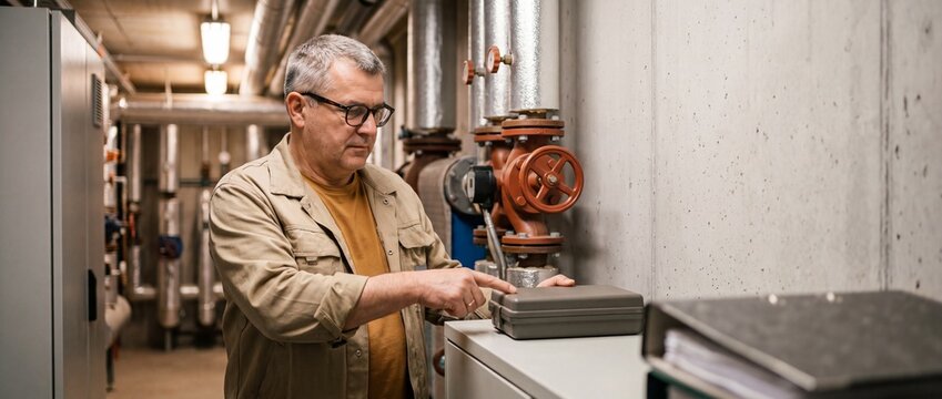 Geothermie-Servicetechniker in W&auml;rmepumpen-Zentrale mit Freiraum