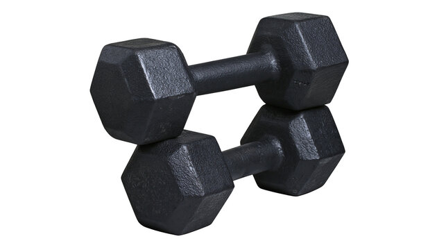 Isolated pair of black metal hexagonal dumbbells for gym workout and strength training