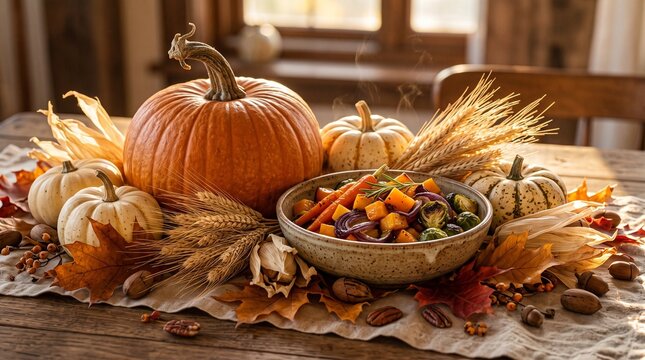 Autumn harvest table setting with pumpkin and seasonal vegetables  