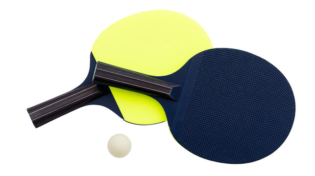 Isolated two table tennis paddles and one ping pong ball ready for competitive game