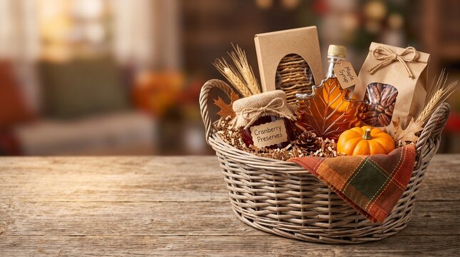 Thanksgiving gift basket with autumn items and decorative pumpkin  