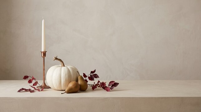 Pumpkin and pears still life with candle on a neutral background  