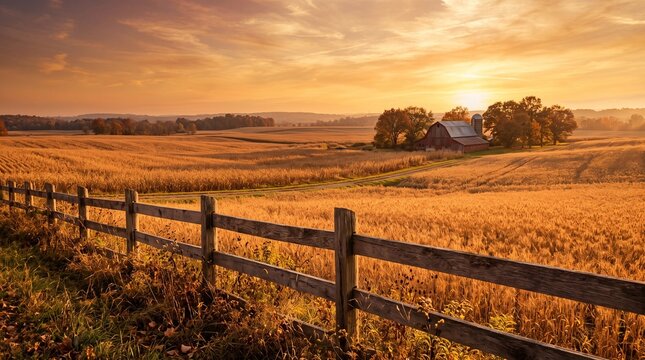 Rustic farmland with wooden fence at sunset during Thanksgiving  