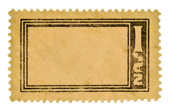 A postage stamp, old and blank, on a white backdrop