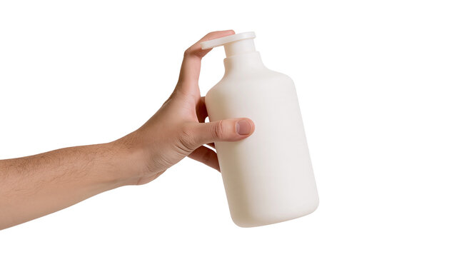 Isolated hand holding blank white pump bottle for lotion, liquid soap, or sanitizer