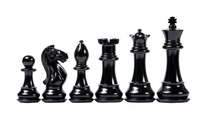 Isolated black chess pieces set, pawn knight bishop rook queen king, strategic game elements. © Cian