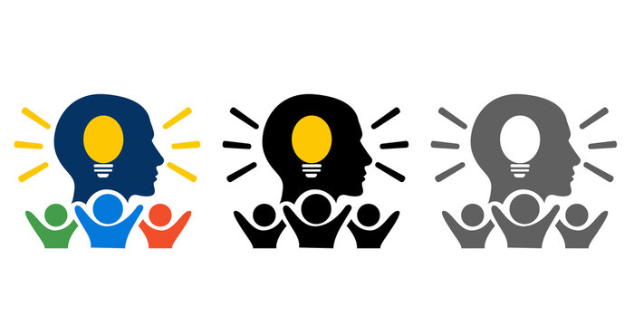 Head with light bulb and people celebrating  innovation and teamwork idea icon, Human head silhouette with lightbulb inside  creative inspiration concept, Idea and teamwork logo  people supporting 