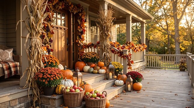 Cozy porch decorated for Thanksgiving with pumpkins and autumn flowers  