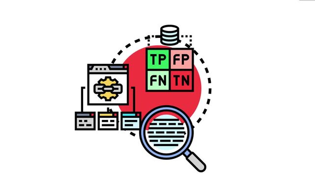 Polarization concept representing a data analysis process with a confusion matrix, database icon, connecting web pages, and a magnifying glass examining information for classification accuracy