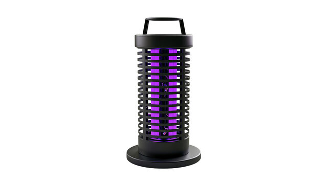 Isolated electric bug zapper insect killer lamp emitting purple UV light for pest control.
