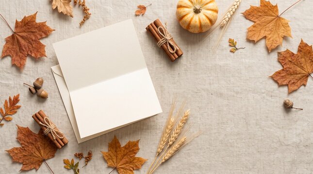 Thanksgiving flat lay with card, autumn leaves, and decorative elements  
