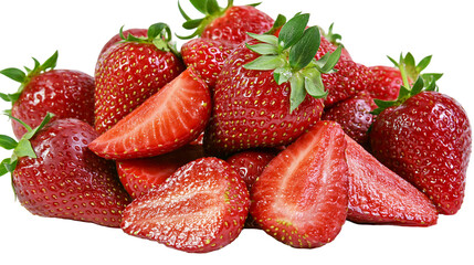 Isolated vibrant red strawberries, fresh and juicy, organic summer fruit, whole and sliced. © Cian