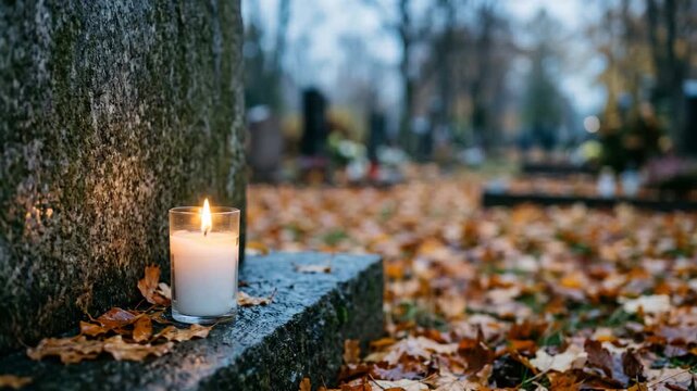 Burning memorial candle beside a stone grave amid fallen autumn leaves. Remembrance and mourning. Cemetery visit, memorial tribute and bereavement concept. Autumn season.