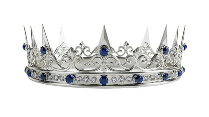 Isolated ornate silver royal crown with blue sapphires and sparkling diamonds, a symbol of luxury and power © Cian