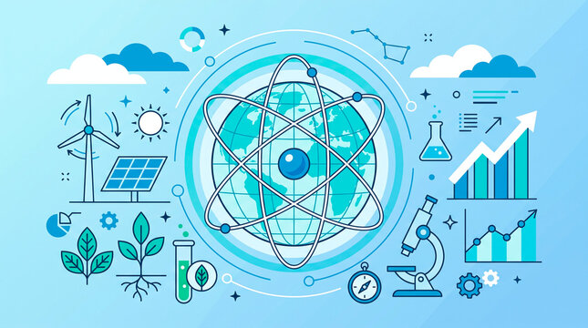 Colorful science and sustainability infographic with an atom, globe, renewable energy and charts