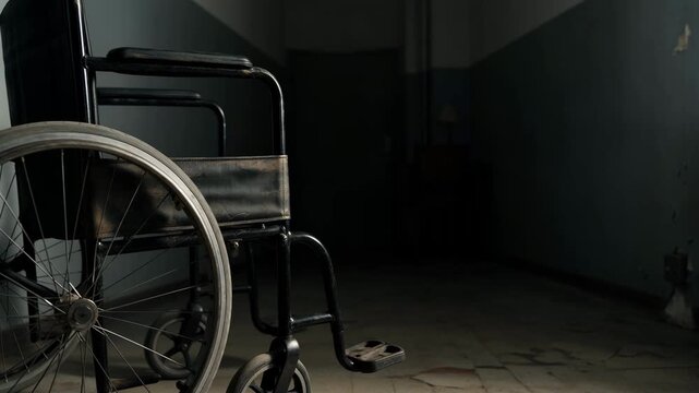 Empty wheelchair in a neglected room. Disability, mobility and accessibility concept. Healthcare and patient care. Abandoned interior with copy space.