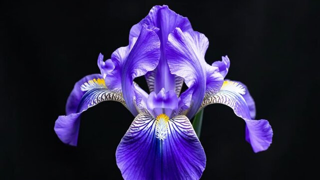 Time lapse static close zoom of purple iris flower blooming and unfurling petals against black studio background
