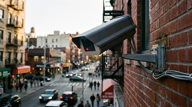 Security camera monitoring busy urban street. Video surveillance and public safety. CCTV security system, crime prevention and city traffic monitoring. Urban security concept.
