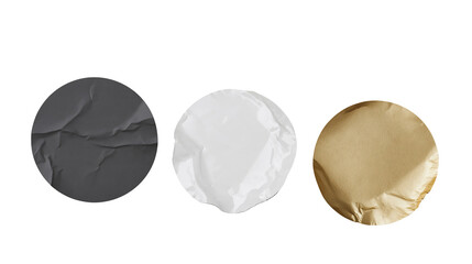 Isolated three crumpled paper or foil circles dark grey white gold colors with minimalist text B 990. © Cian