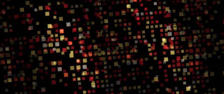 Abstract glowing squares flicker in a shifting digital pattern against black