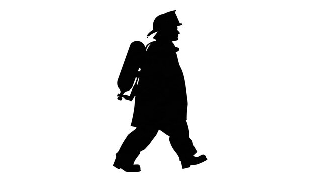 Isolated silhouette of a walking firefighter carrying an oxygen tank and wearing a helmet