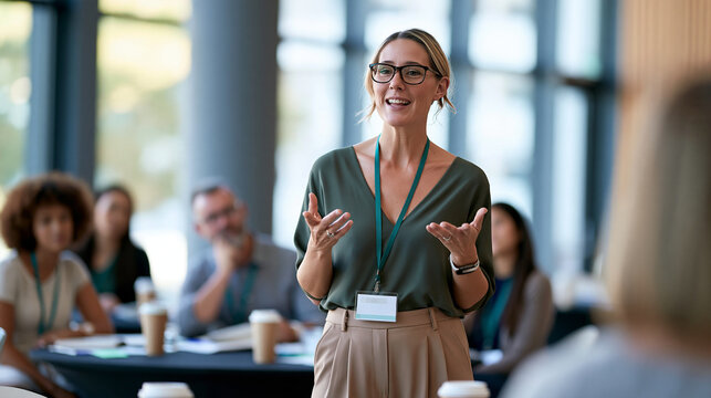 Female presenter conducting a live workshop with participants seated at round tables, bright business training venue, interactive learning, team development, workshop