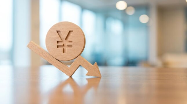 Wooden Yen symbol and down arrow representing the depreciating yen and Japan's economy.