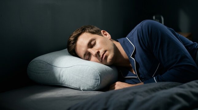 Patient demonstrating optimal side sleeping posture for snoring relief and apnea prevention.