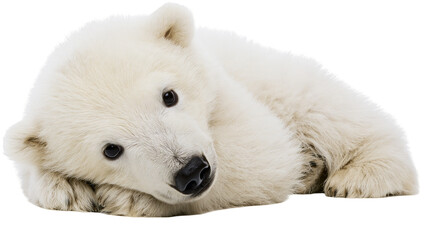 Isolated adorable polar bear cub lying down, looking directly at the camera, furry mammal © Cian