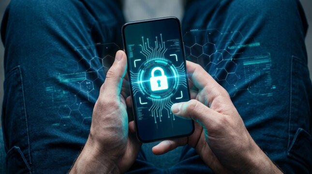 Cyber security and information technology protection on a smartphone with a digital padlock icon.