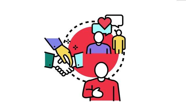 People interacting politely, showing respect and good manners through greetings, conversation, and a formal hand gesture, representing ethical communication and social etiquette