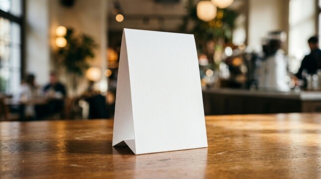 Blank menu tent card stand mockup on a wooden table with a blurred cafe background.