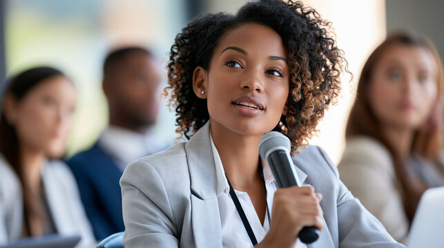 Business conference attendee asking a question using a handheld microphone, seated colleagues listening nearby, candid side view, audience interaction, corporate seminar,