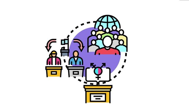 Political division concept showing a diverse group of people influencing representatives at separate podiums. Highlighting societal fragmentation. Diverging ideologies