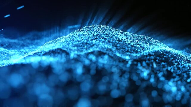 Abstract futuristic technology data wave background with a massive glowing blue digital wave flowing through a dark environment, artificial intelligence, big data analytics, data visualization, digita