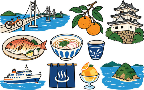 しまなみ海道と愛媛の名産手描きVector風素材 Transparent background