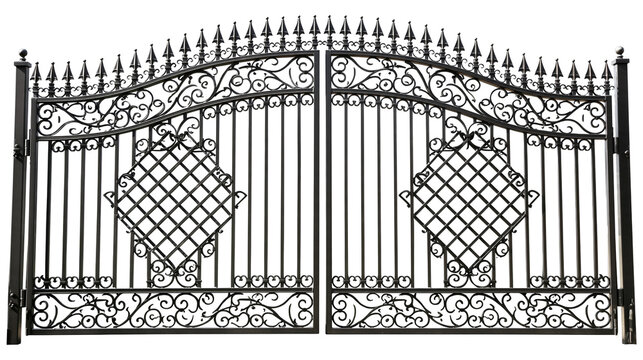 Isolated elegant black wrought iron double gate with ornate scroll design and decorative spear finials.
