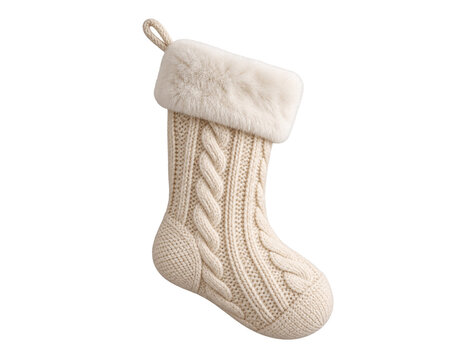 Elegant cream white knitted Christmas stocking with cable knit pattern, soft fluffy faux fur cuff and hanging loop. Cozy Scandinavian style holiday decoration for Christmas fireplace, festive home dec