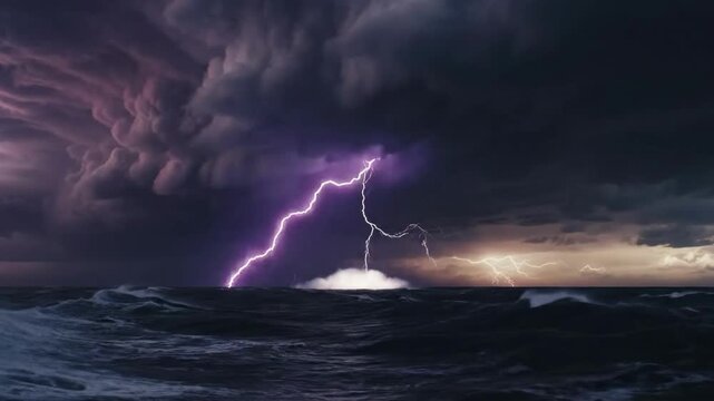 Time lapse aerial wide static view of ocean storm with lightning strikes over open horizon at dusk